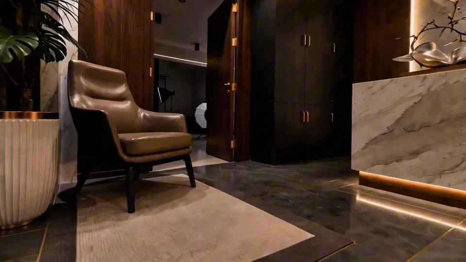 An 18-second silent tour of our Kuala Lumpur studio: wood and marble in reception; a photography space with a white backdrop and a makeup mirror; then a warm lounge with acoustic wall panels, armchairs and a keyboard.